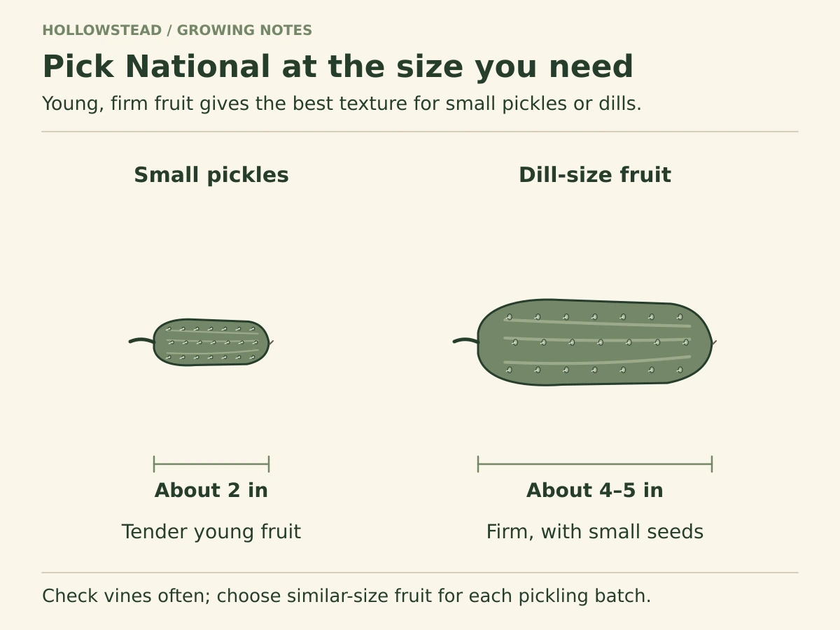 Two bumpy National Pickling cucumbers compare a small fruit about two inches long with a dill-size fruit about four to five inches long.
