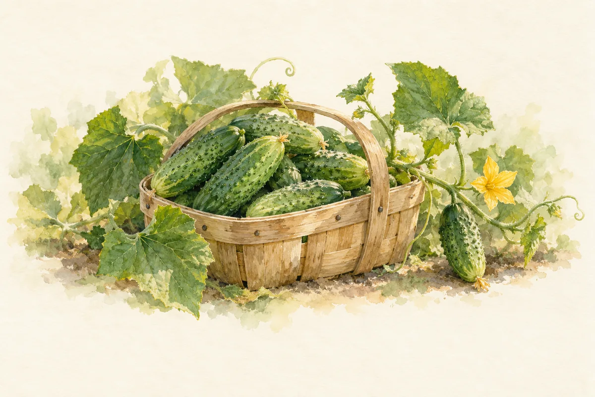 A basket of short bumpy green National Pickling cucumbers beside a cucumber vine.