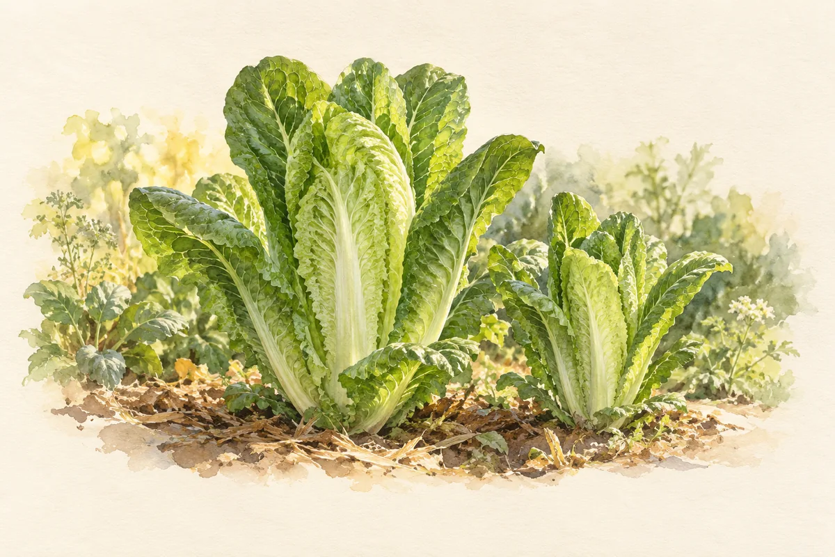Two upright Parris Island Cos romaine heads with green leaves and pale central ribs.