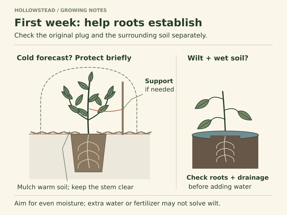A newly planted pepper has mulch kept away from its stem, an optional stake and a temporary cold-cover outline; a separate wilted plant in wet soil prompts a root check.