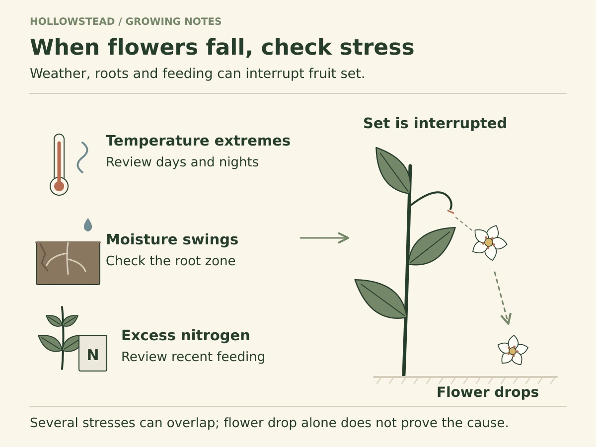 Temperature extremes, uneven root moisture and excess nitrogen point toward a pepper branch with a detached flower and a downward path to the soil.