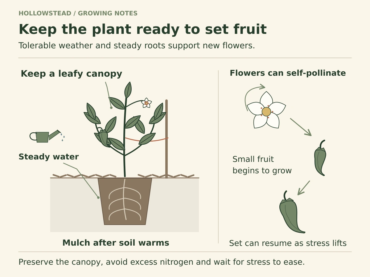 A leafy pepper with mulched moist roots is linked to an open flower, a small new pepper and a growing fruit, showing fruit set resuming as stress eases.
