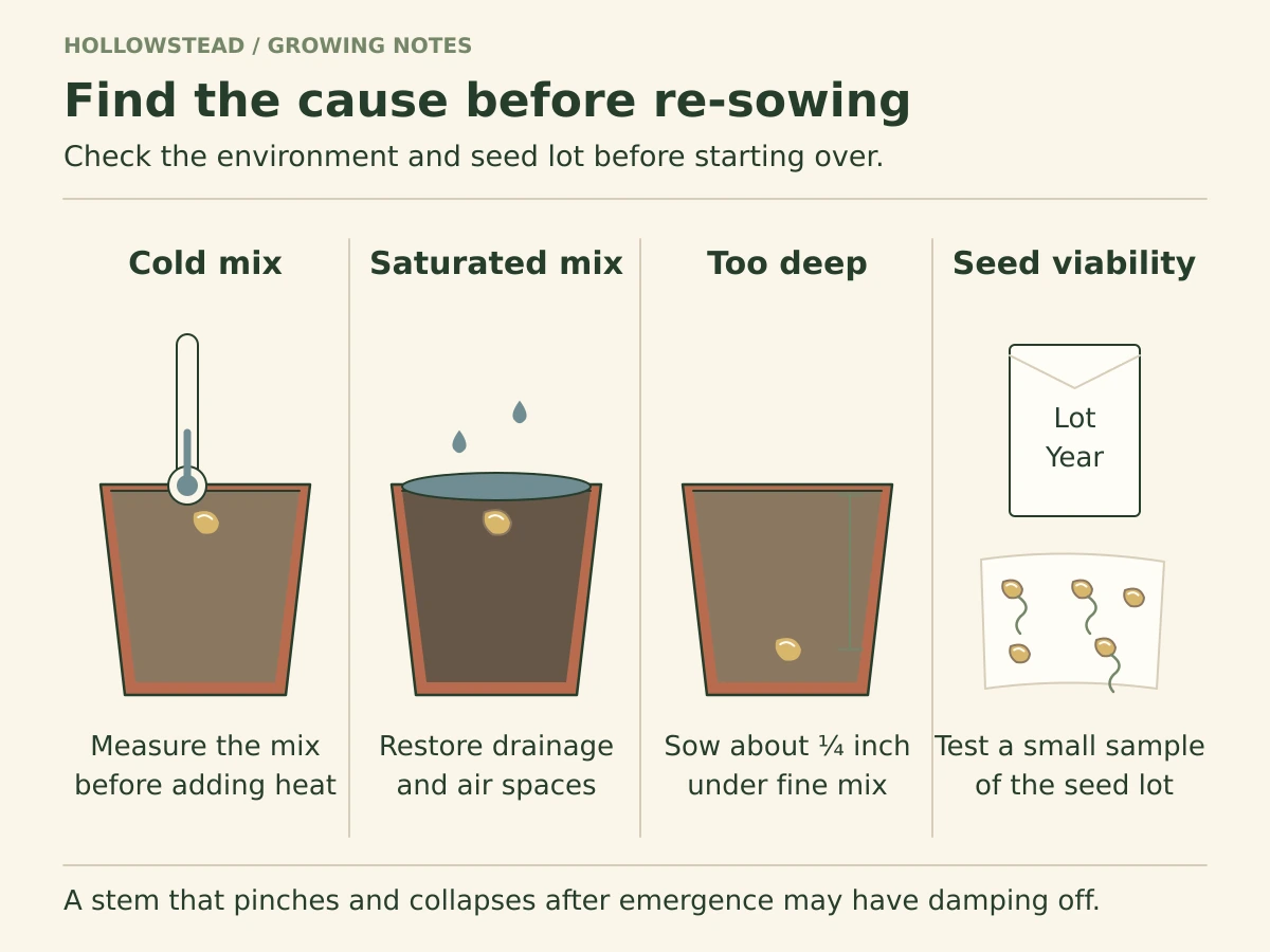 Four germination checks show a cold seed cell, saturated seed cell, deeply buried seed and an older labeled packet with a small sample test.