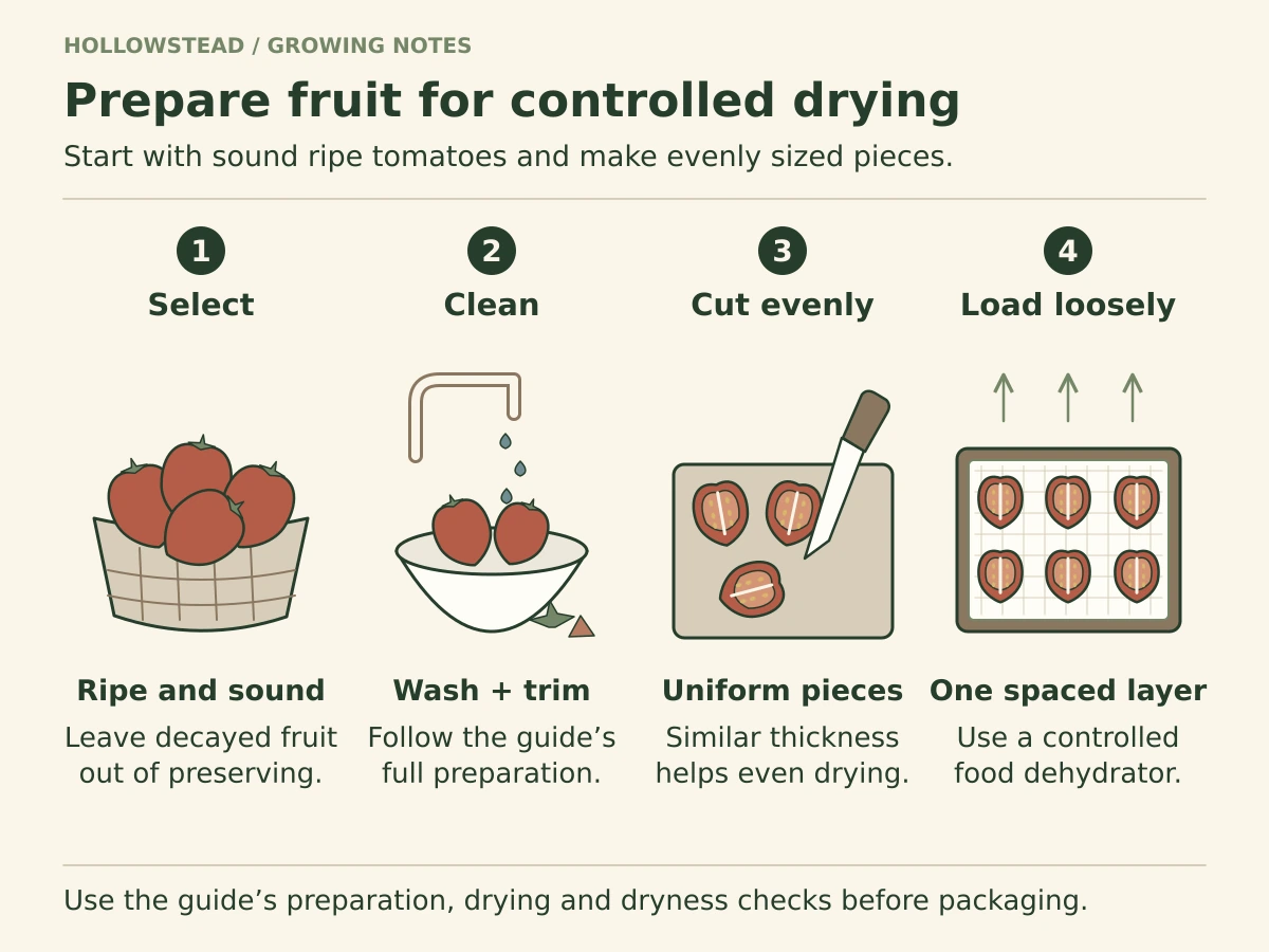 Four preparation steps show sound ripe Principe Borghese tomatoes, washing and removing stems and cores, uniform cut pieces, and spaced pieces on a dehydrator tray.