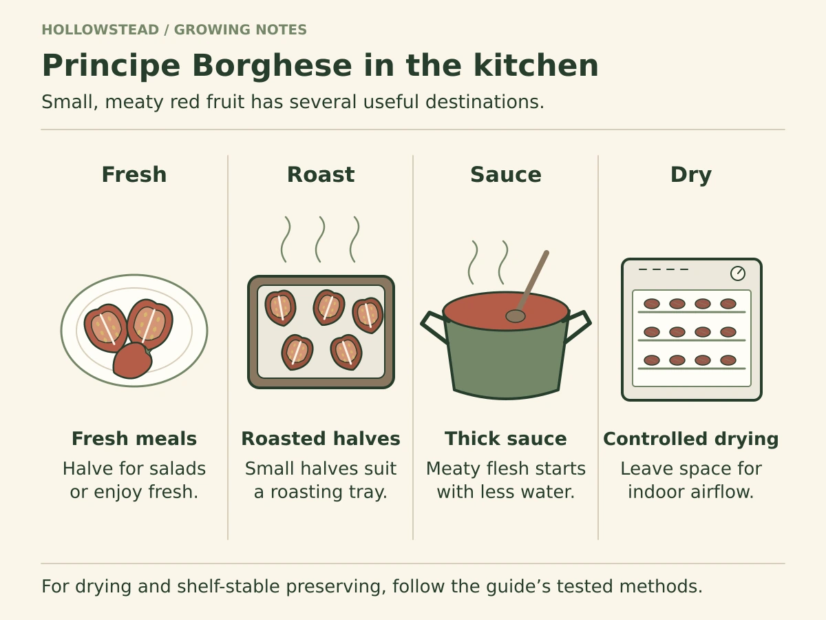 Four illustrated kitchen uses for Principe Borghese tomatoes: fresh halves on a plate, roasting halves in a tray, sauce in a pan, and pieces in a controlled food dehydrator.