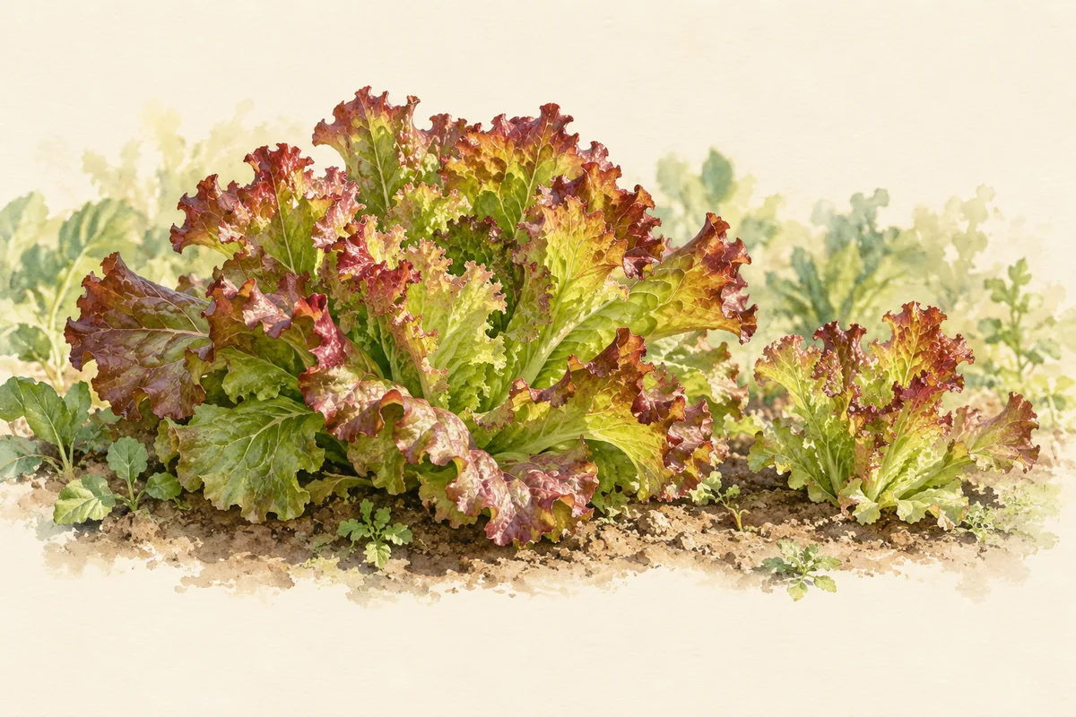 Red Sails loose-leaf lettuce with ruffled green and burgundy leaves growing in a garden bed.