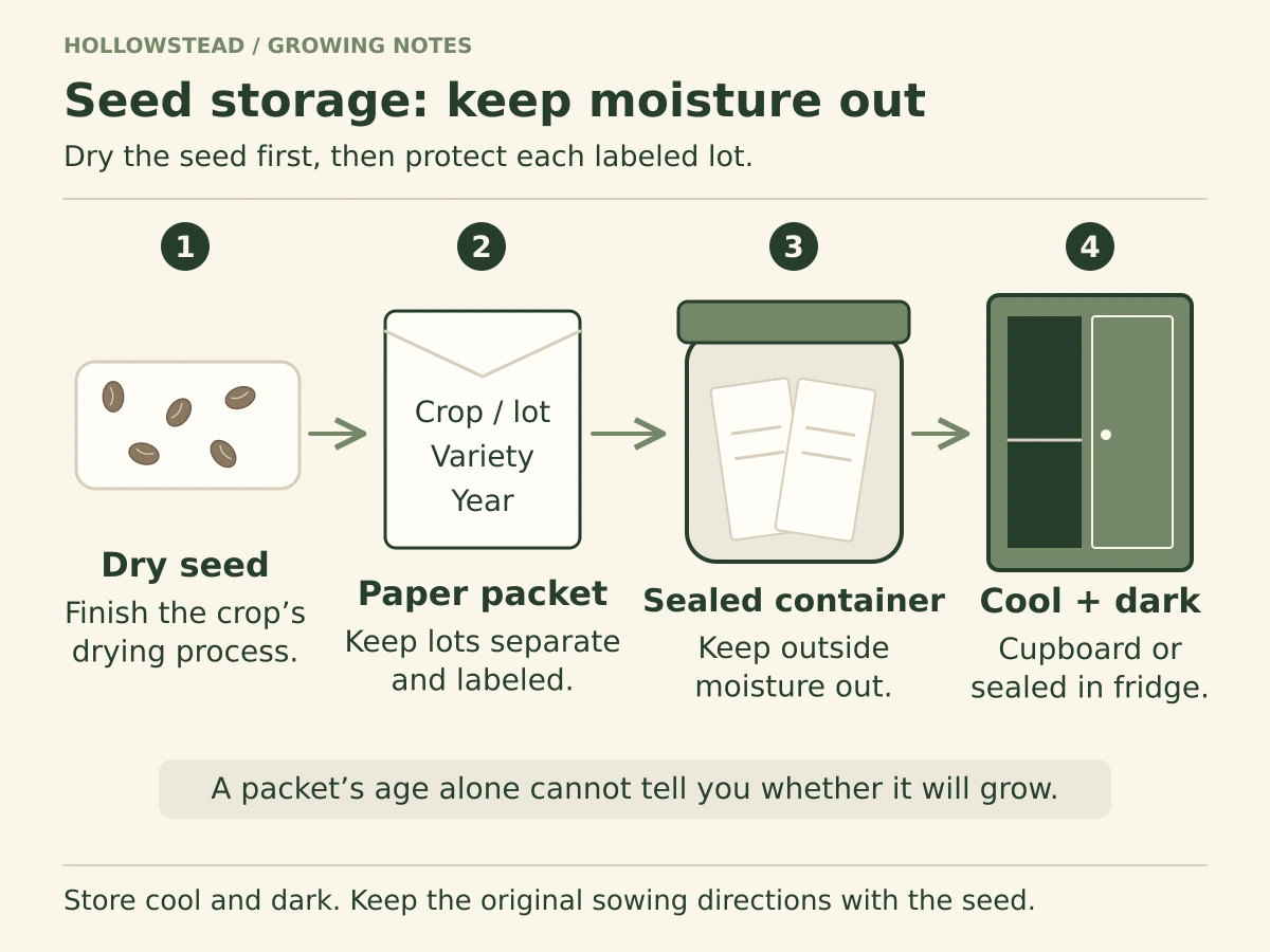 Diagram of dry seeds moving into a labeled paper packet, then into an airtight outer jar stored in a cool dark cupboard.