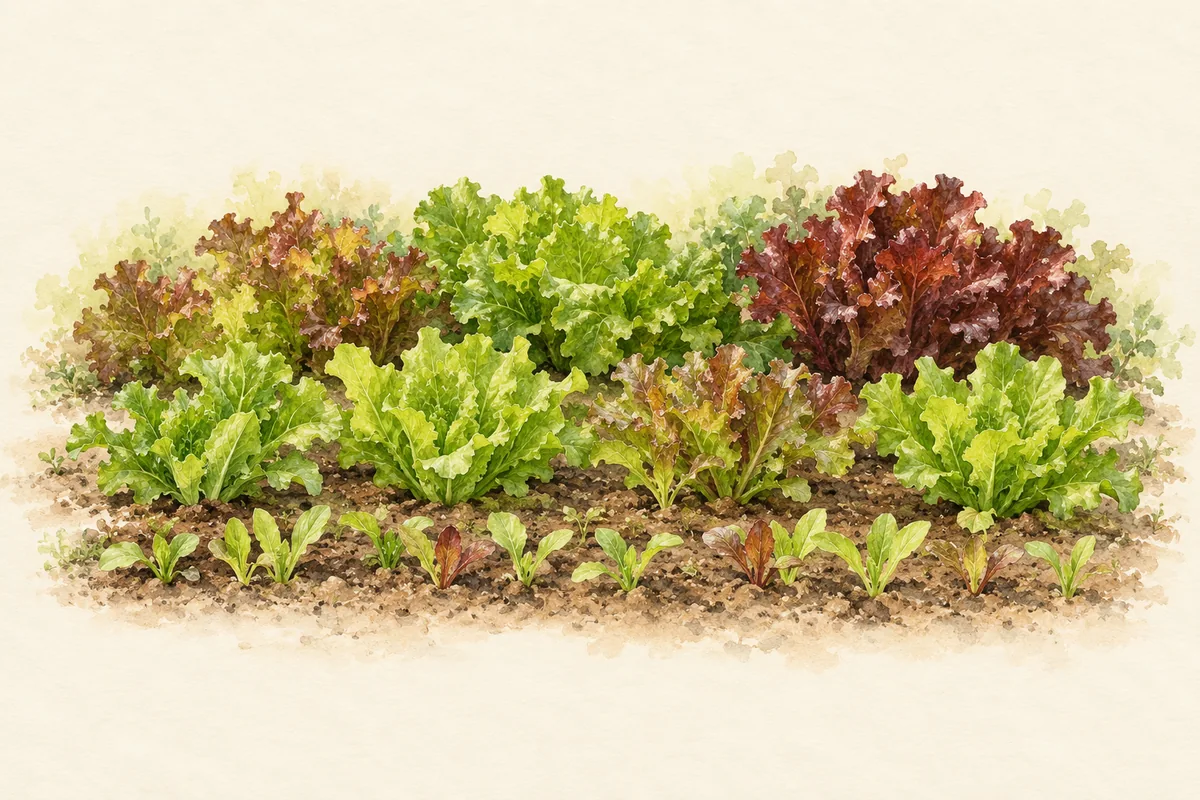 Short rows of lettuce plants at seedling, young plant and mature harvest stages.