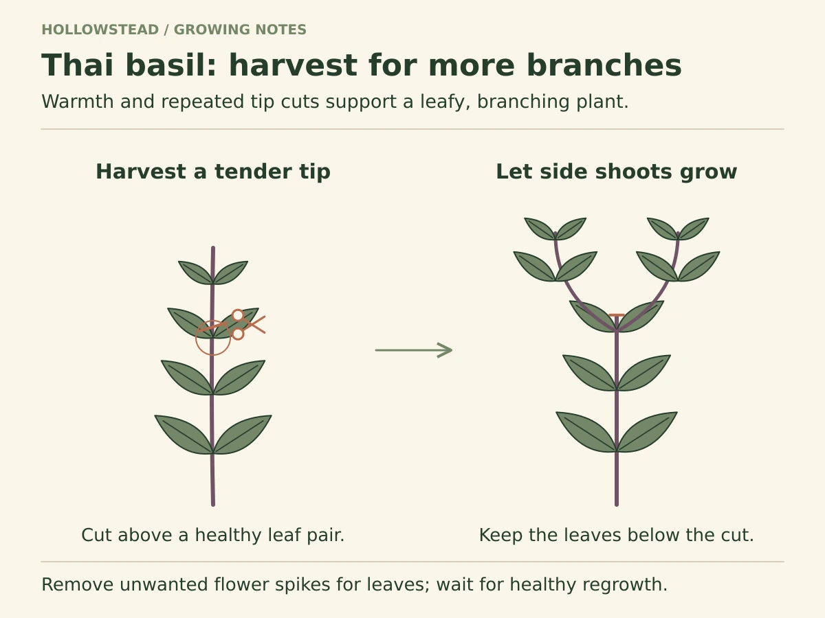 Thai basil with narrow opposite leaves and purple stems before and after a tip harvest: a cut above a healthy leaf pair is followed by side shoots from the retained node.