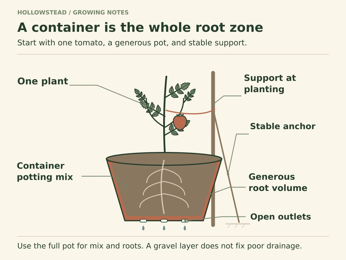 Cross-section of one tomato in container potting mix with roots, open drainage holes and an anchored support. No gravel layer is included.