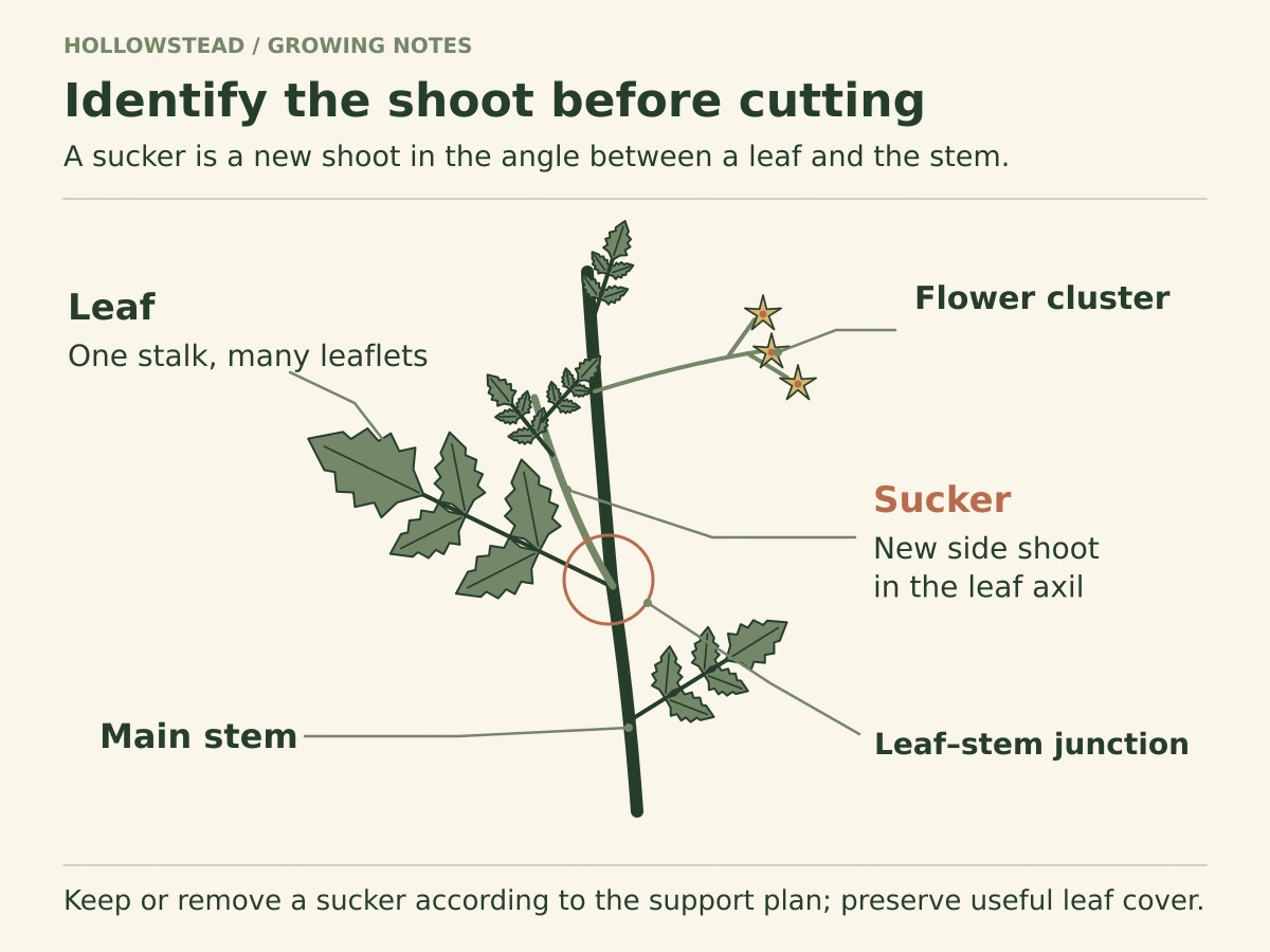Schematic tomato anatomy identifying the main stem, a compound leaf, a flower cluster and a small sucker arising in the leaf axil between the leaf stalk and main stem.