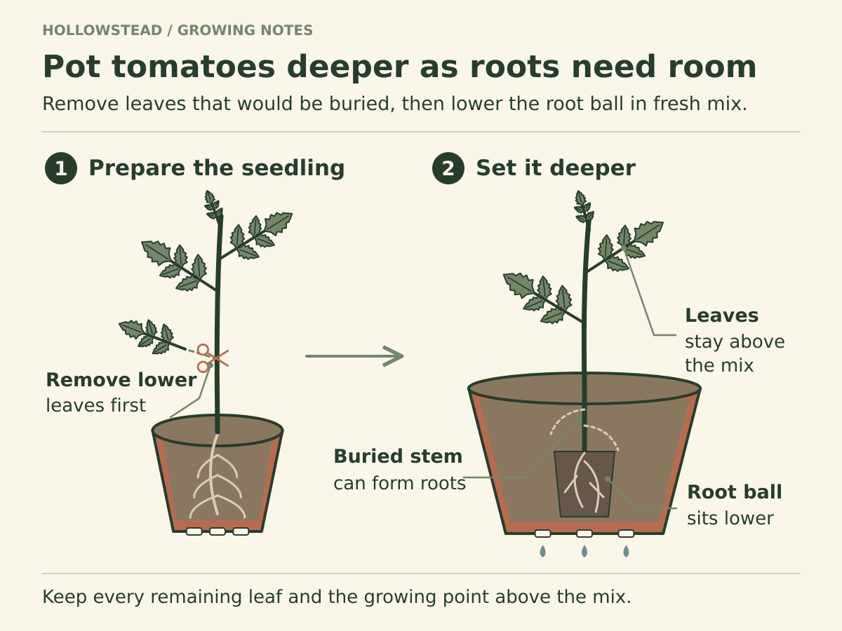 A tomato seedling is moved from a small pot into a deeper larger pot; the original root ball sits lower and a bare section of stem is buried while leaves remain above the mix.