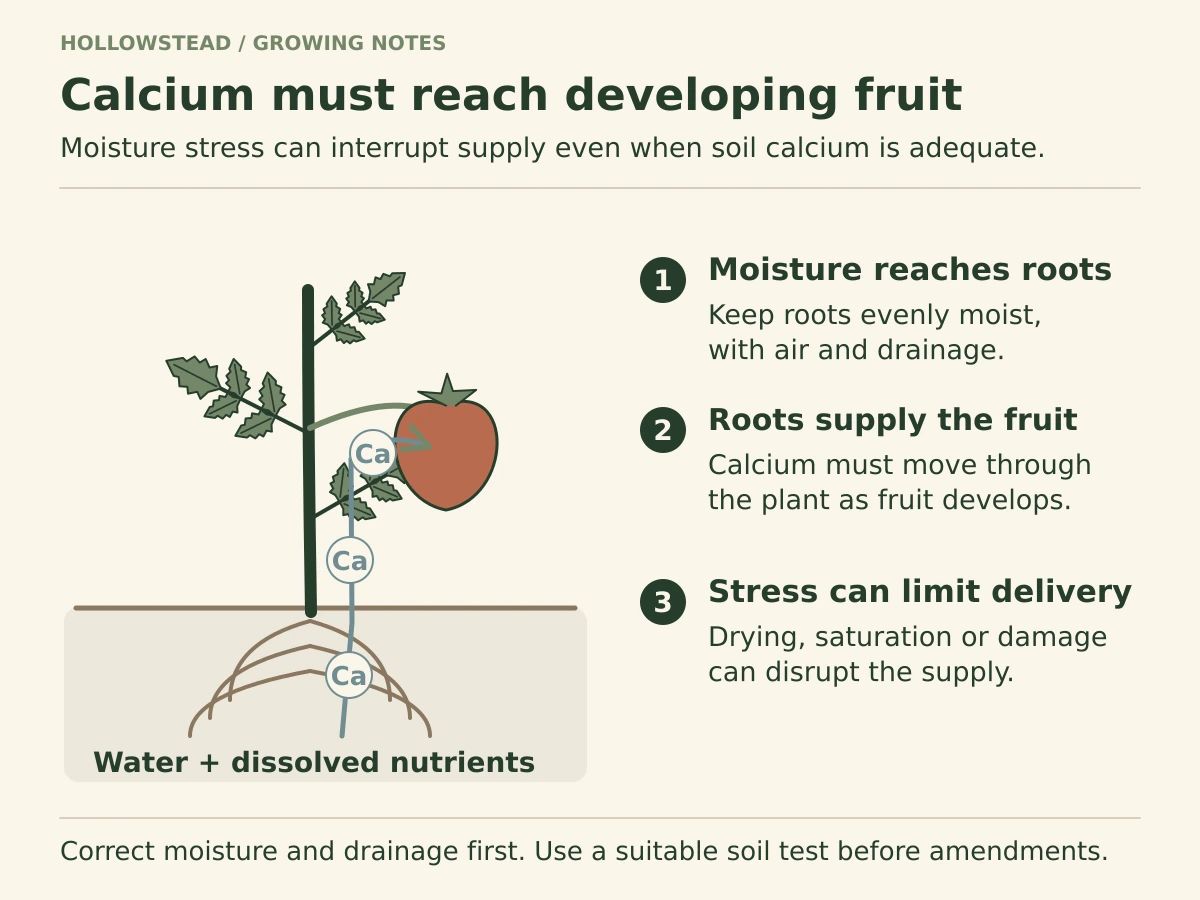 Schematic root-to-fruit pathway with dissolved calcium moving upward with water. Notes explain that moisture swings or root stress can restrict the supply to developing fruit.