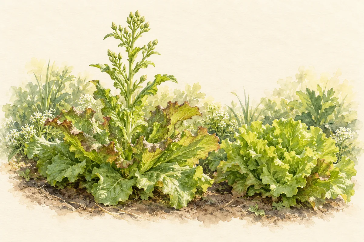A lettuce plant extending a central flower stalk beside a low leaf lettuce rosette.