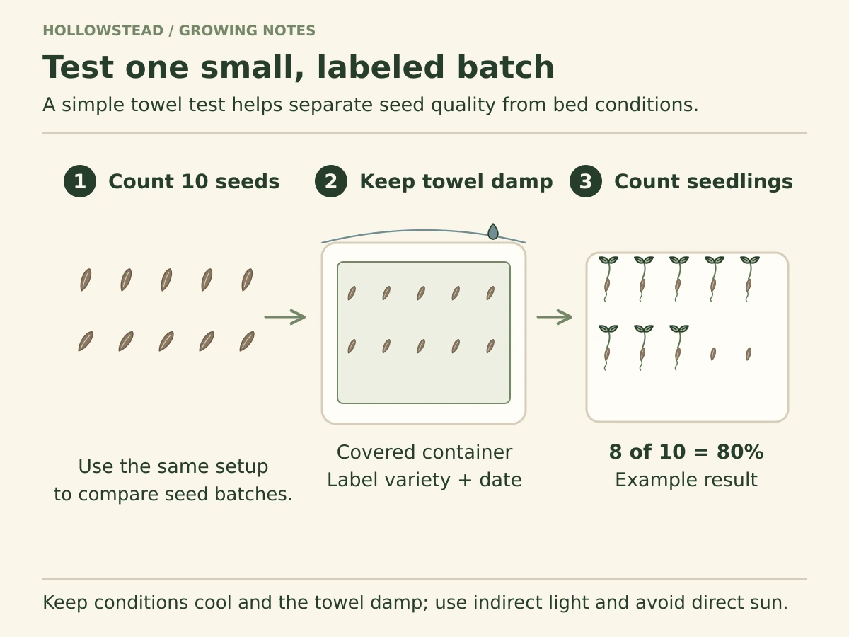 Ten elongated lettuce seeds are counted onto a damp towel in a covered container; a later sample shows eight normal seedlings out of ten as an example result.