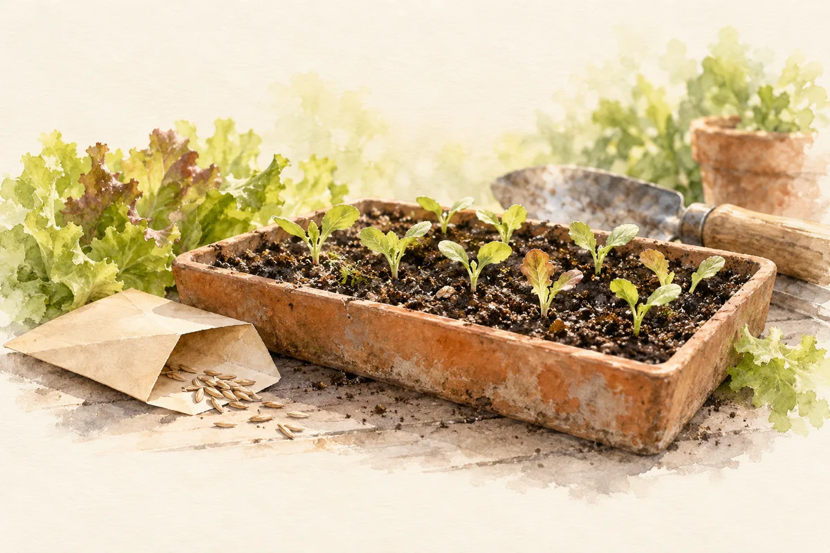 Young lettuce seedlings emerging in a shallow seed tray beside an unmarked seed envelope.