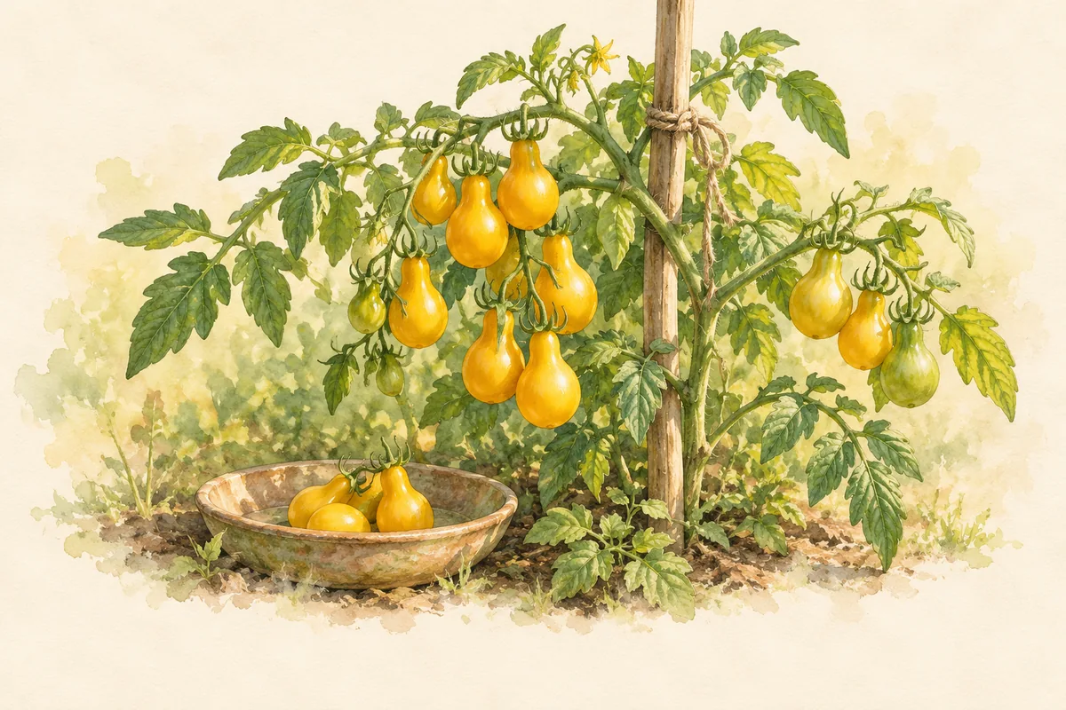 Golden pear-shaped tomatoes ripening beside a support stake, with freshly picked fruit in a pottery bowl.