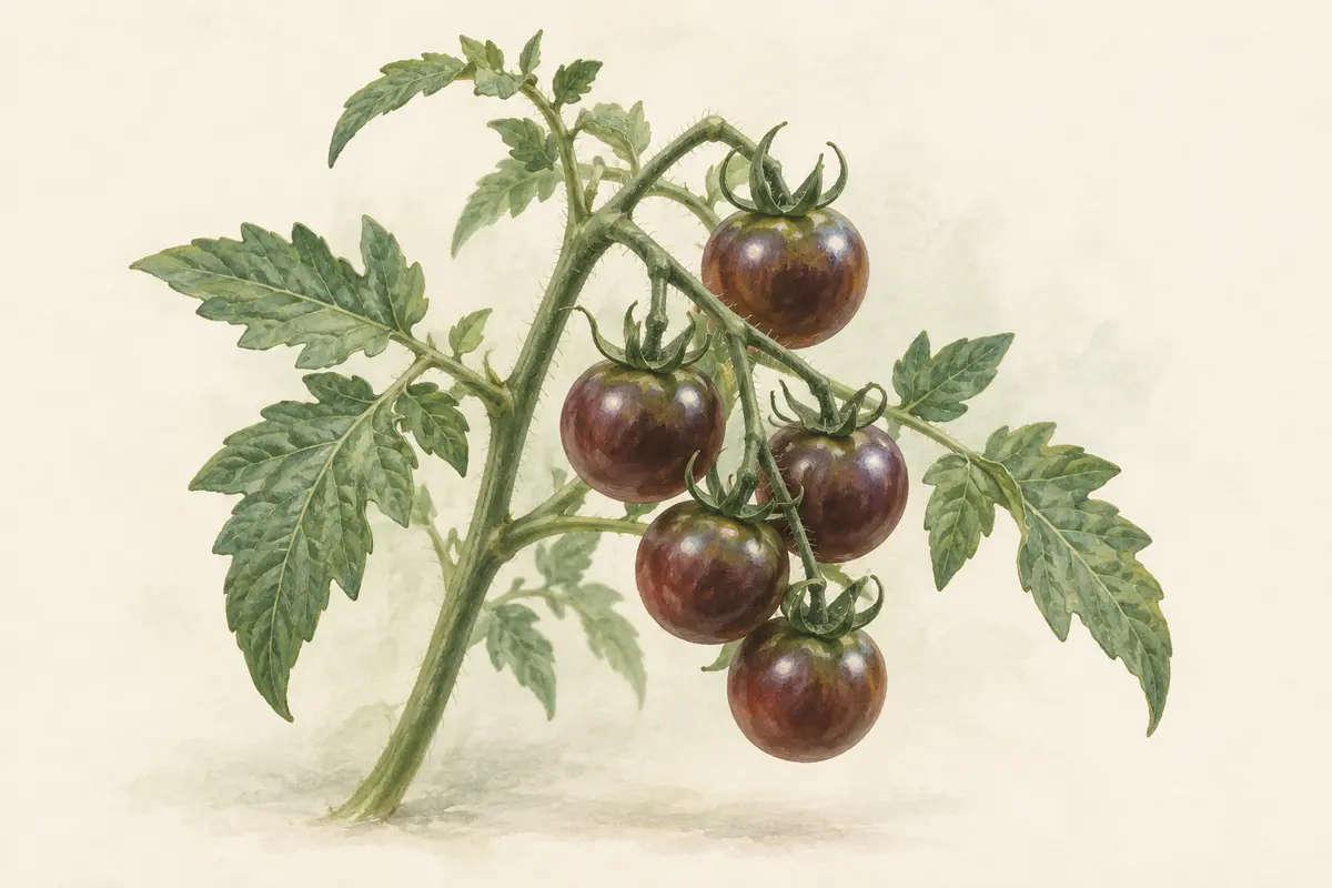 Small purple-brown Black Cherry tomatoes clustered on a vine.