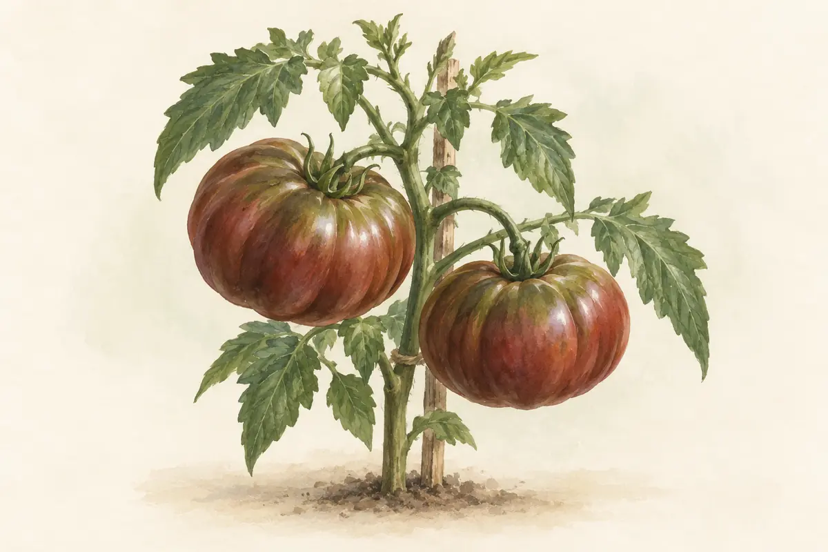 Dusky burgundy Black Krim beefsteak tomatoes on a leafy vine.