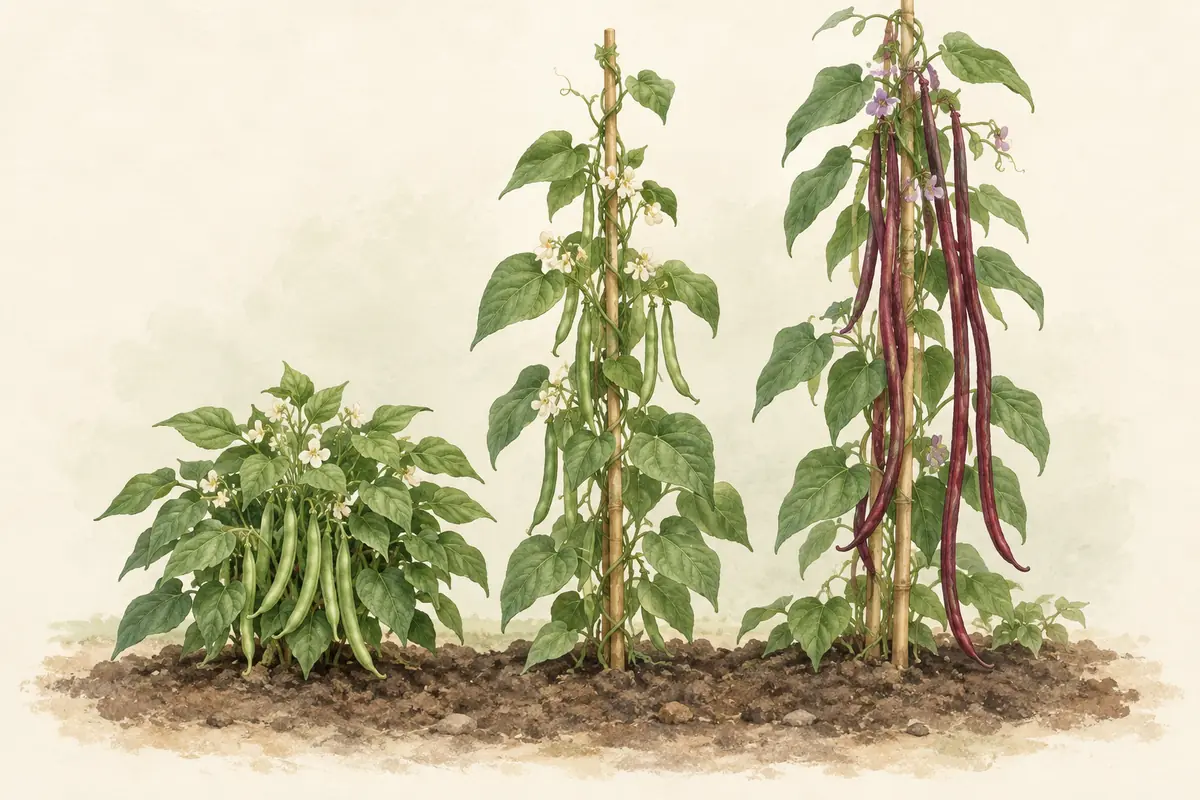 Compact bush beans beside climbing pole and yardlong beans.