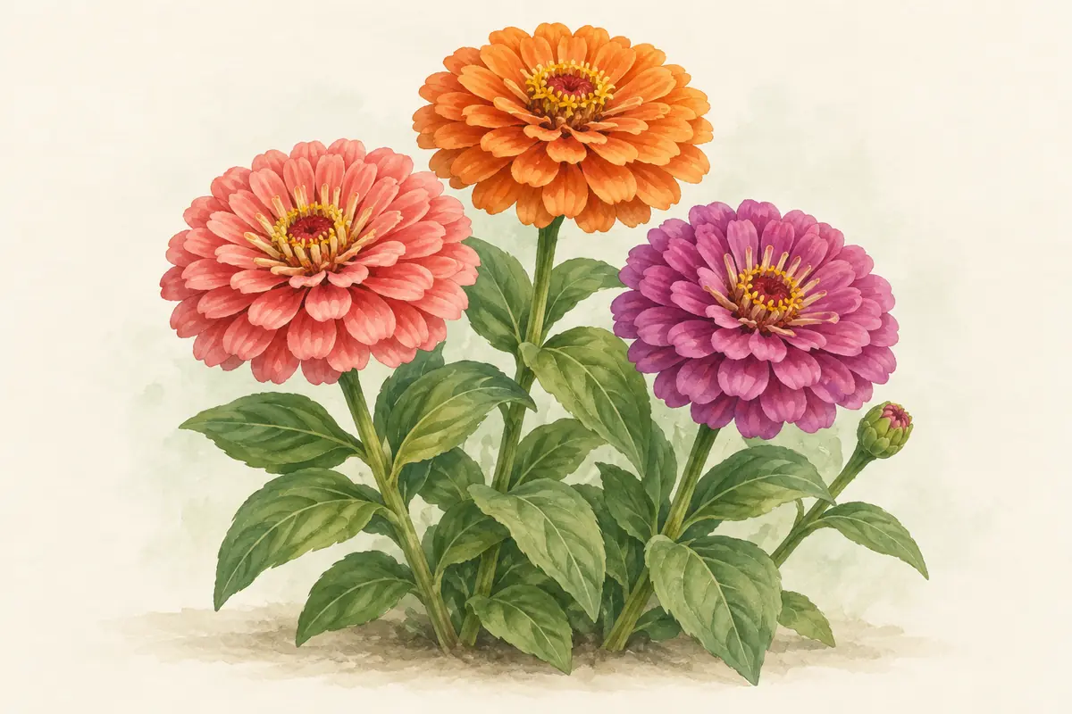 Full California Giant zinnias in pink, orange, and purple.