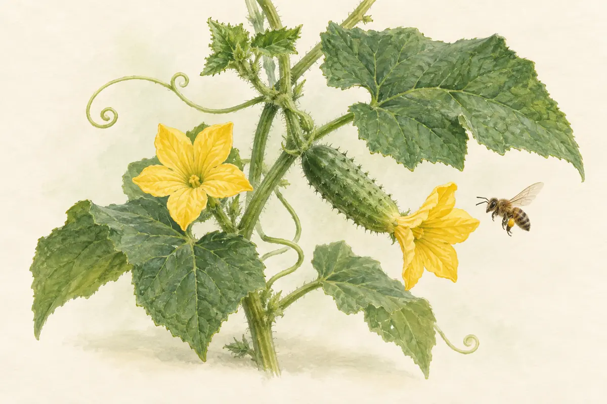 A bee near cucumber flowers and a developing cucumber.