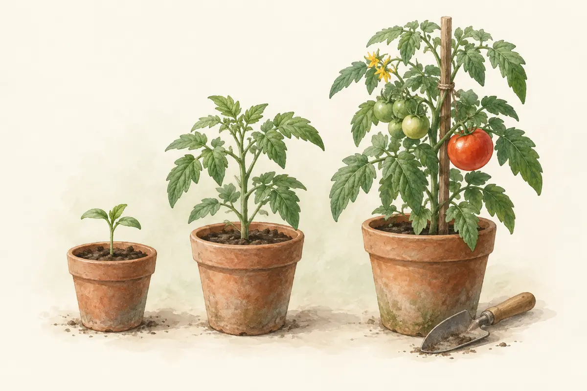 Tomato plants at seedling, transplant, and fruiting stages.