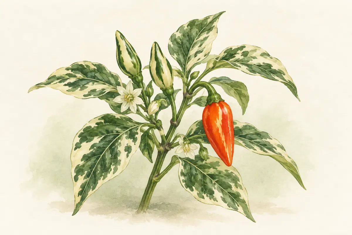 Striped cream-and-green Fish peppers with variegated leaves.
