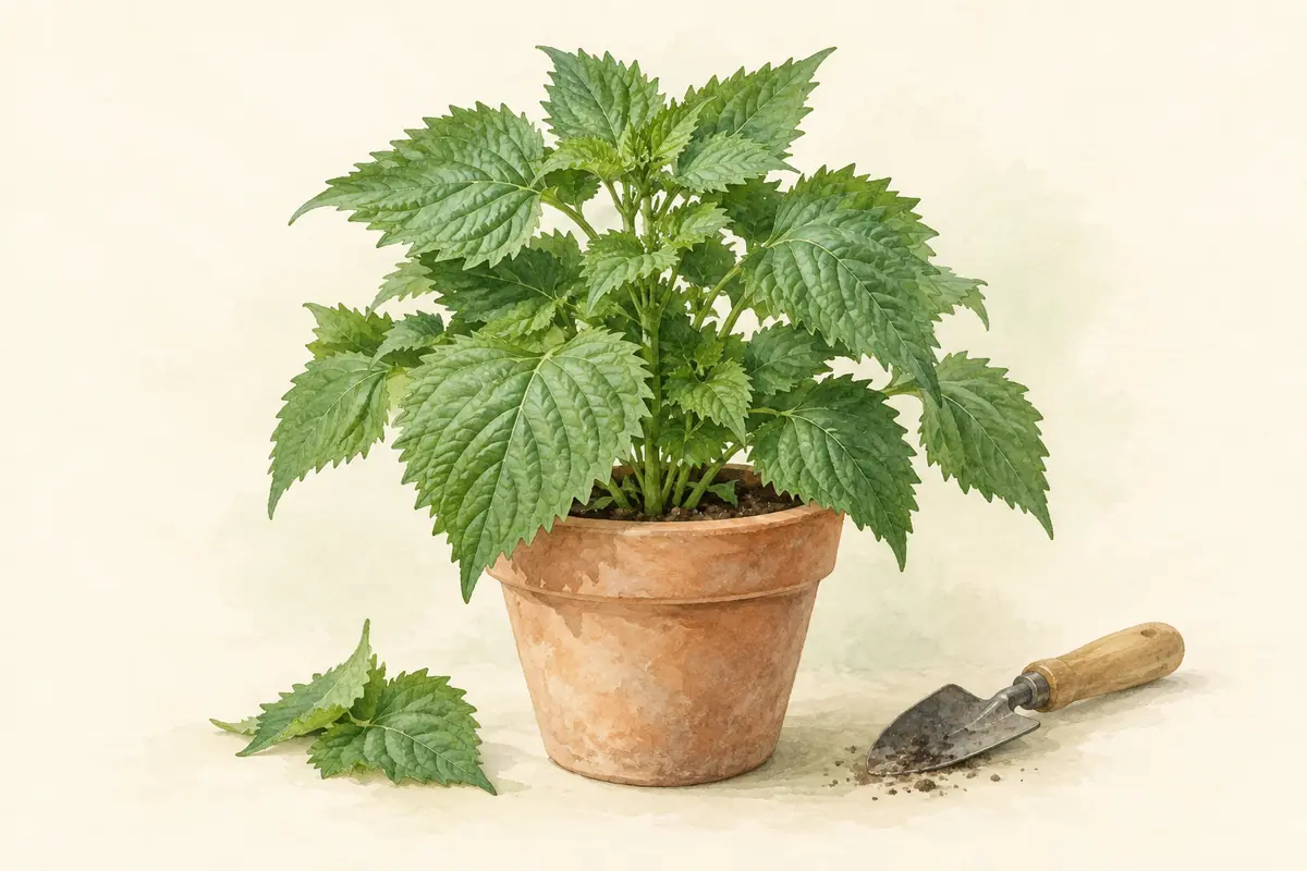 Green Shiso with broad serrated green leaves.