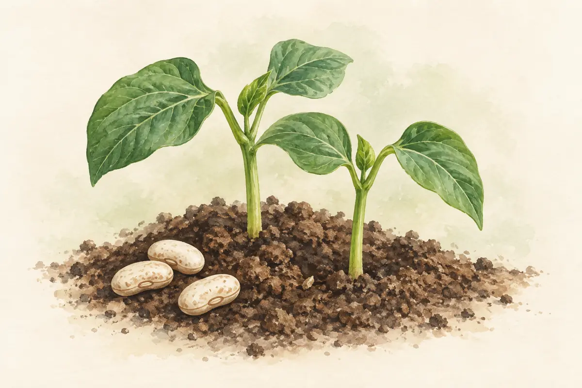 Bean seedlings emerging beside a few dry seeds.