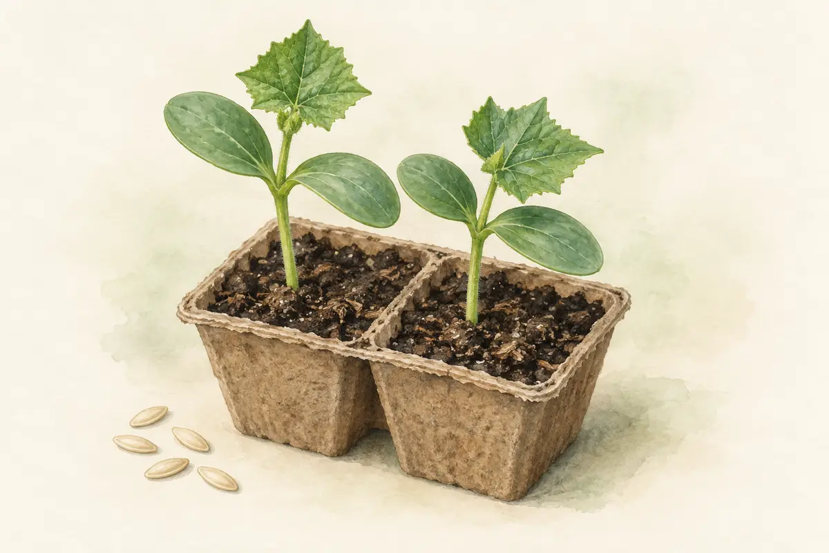 Young cucumber seedlings beside pale cucumber seeds.