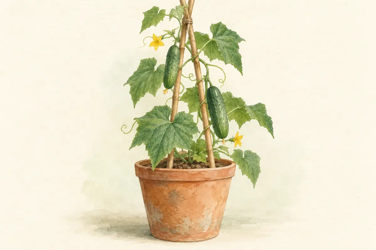 A cucumber plant climbing a tripod in a terracotta pot.