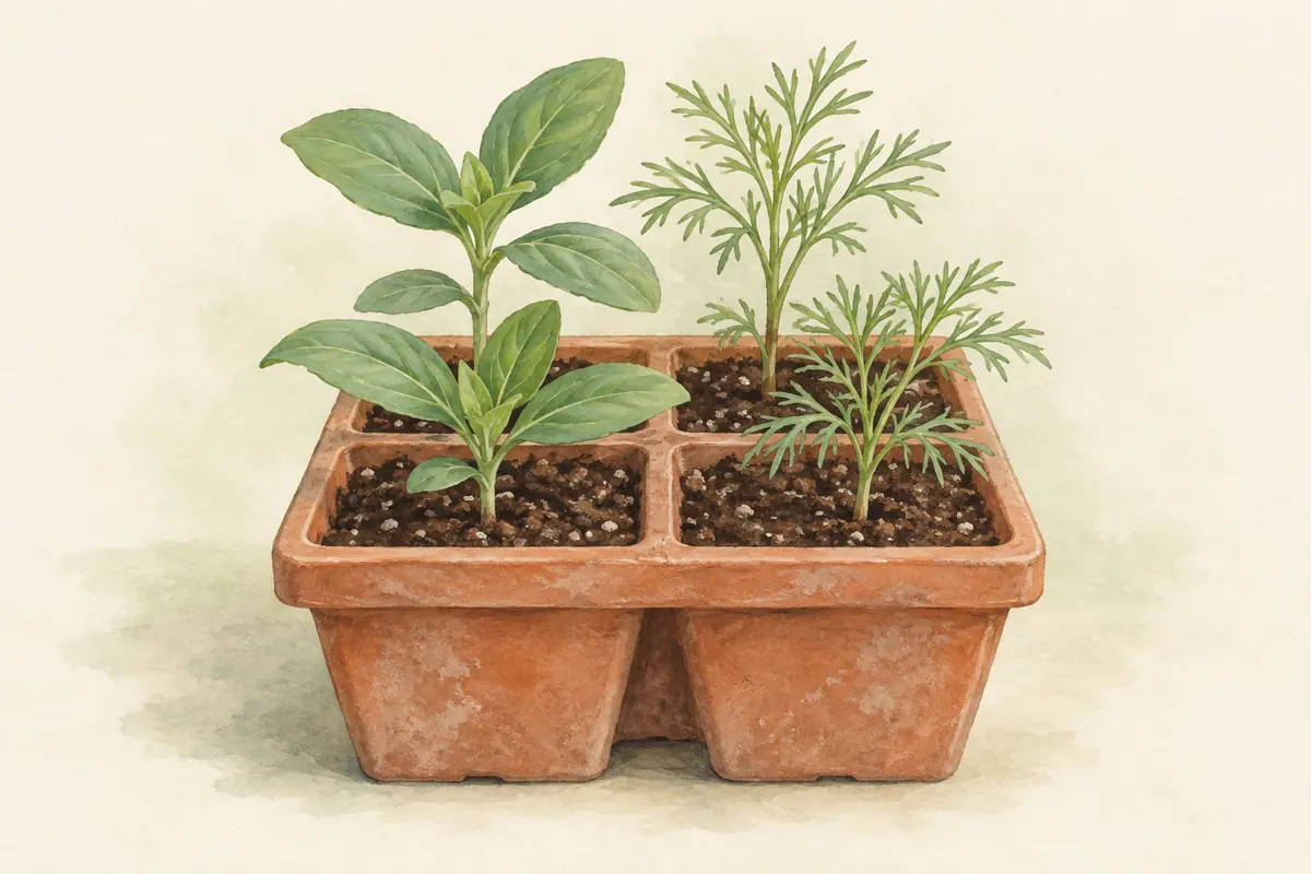 Young zinnia and cosmos seedlings in a small tray.