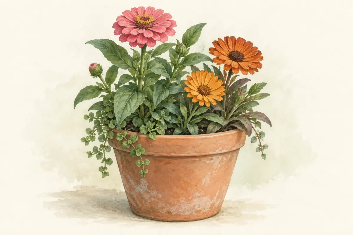 Pink zinnia and bronzy calendula blooming in a terracotta pot.
