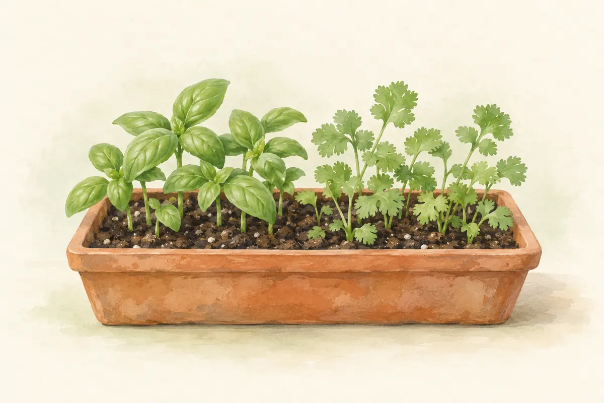 Young basil and cilantro seedlings in a terracotta tray.