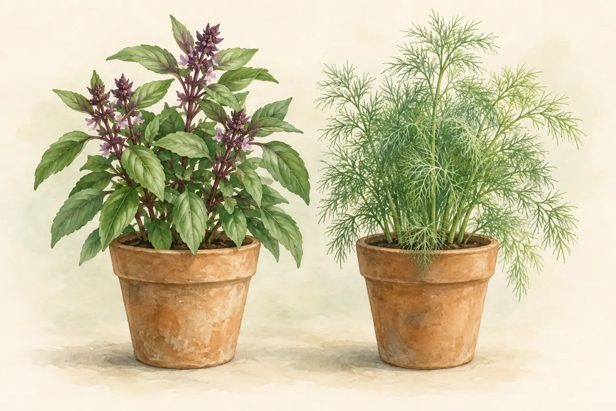 Thai basil and dill growing in separate terracotta pots.