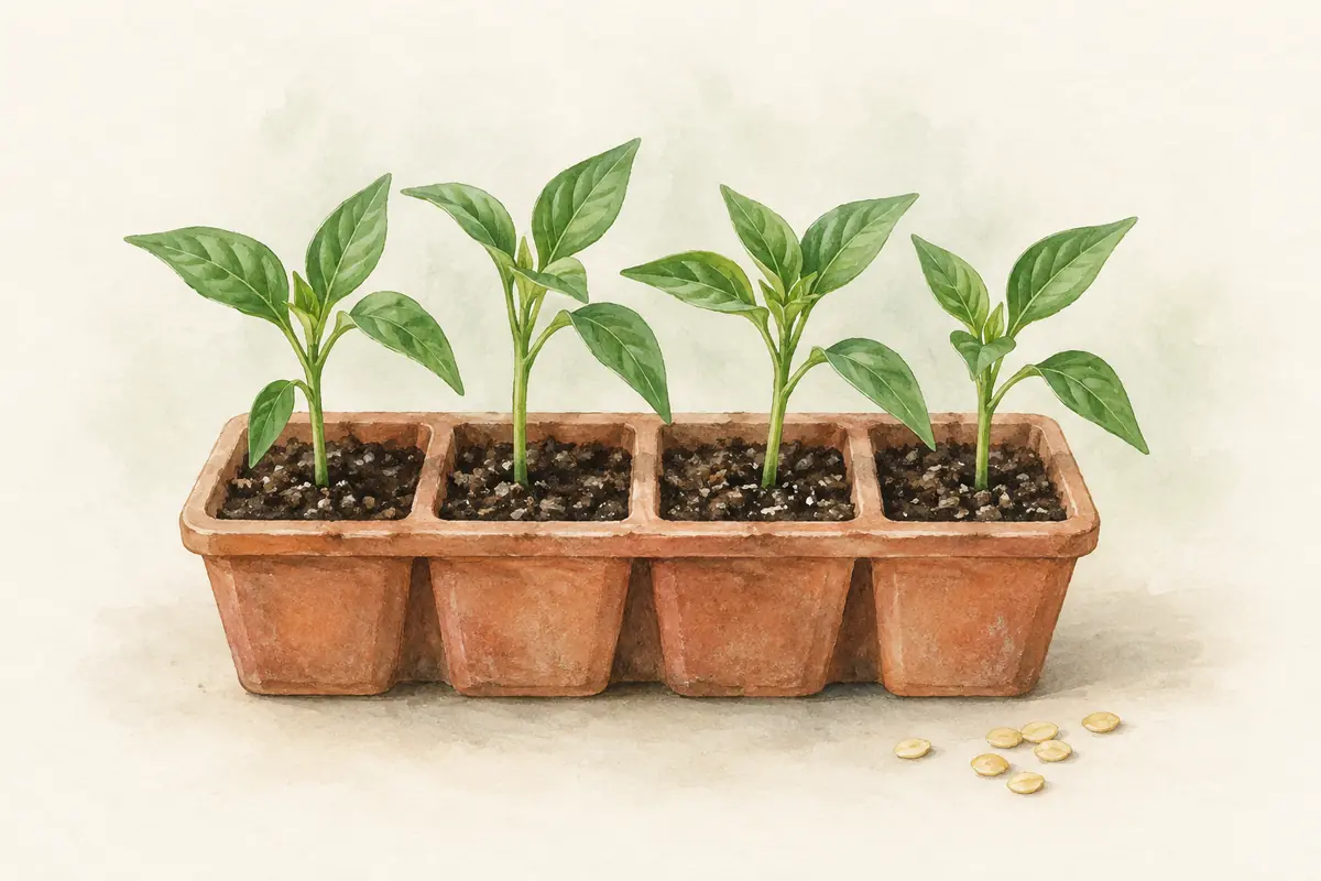 Young pepper seedlings in a seed-starting tray.