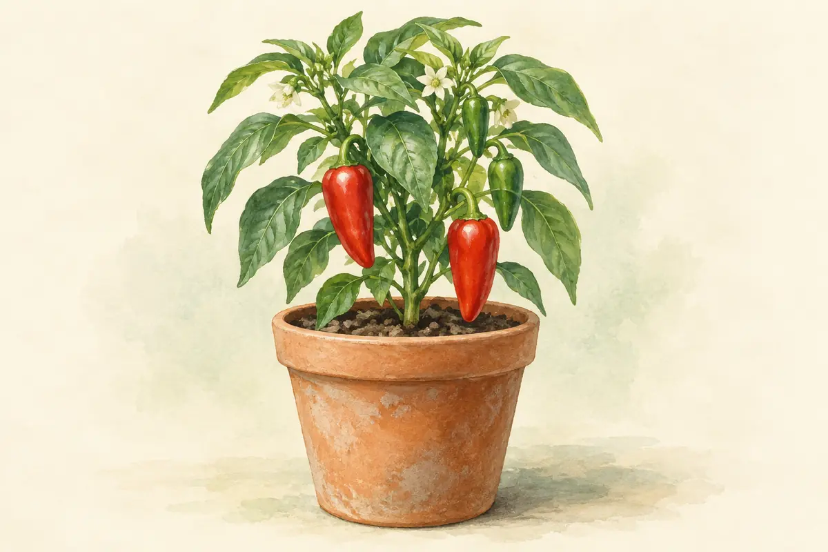 A fruiting pepper plant in a roomy terracotta container.