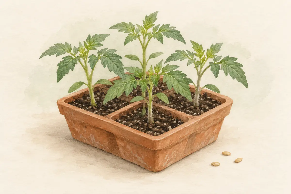 Healthy tomato seedlings in a small seed tray.