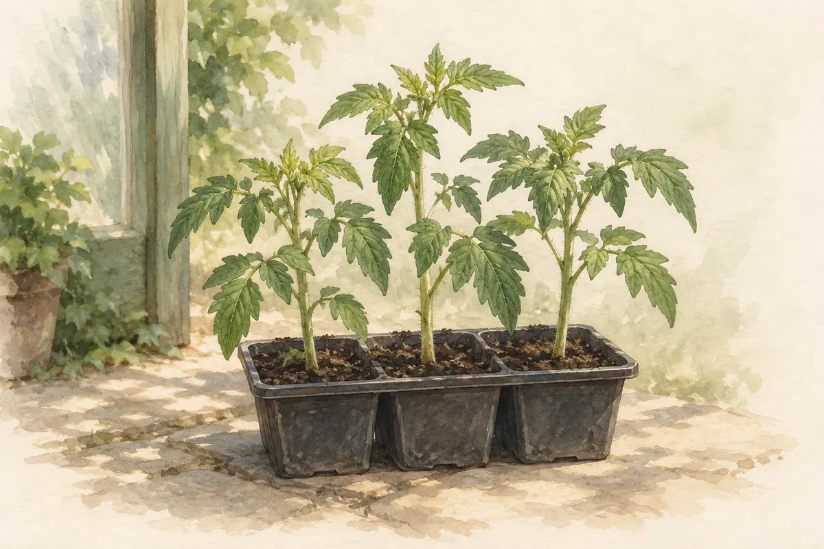 Tomato seedlings resting in sheltered outdoor light.