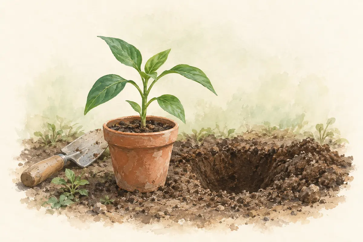 A young pepper transplant beside a prepared garden planting hole.