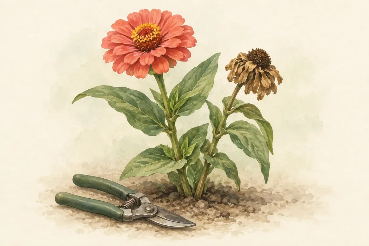 A fresh zinnia beside a spent flower head and pruning snips.
