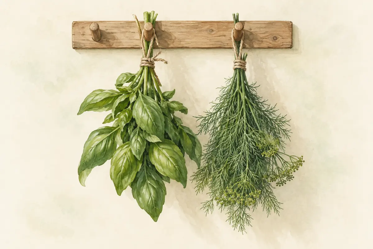 Small basil and dill bundles hanging to dry.