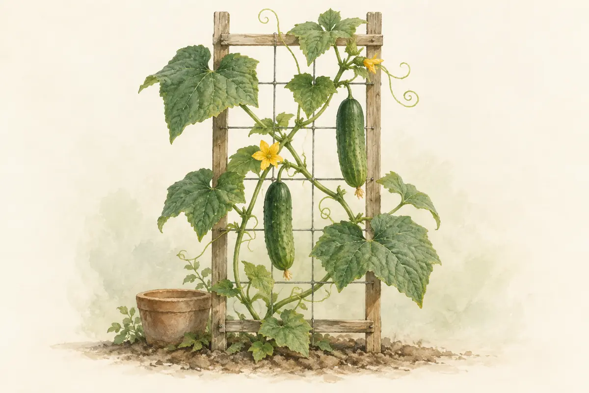 A cucumber vine climbing a simple open wooden trellis.