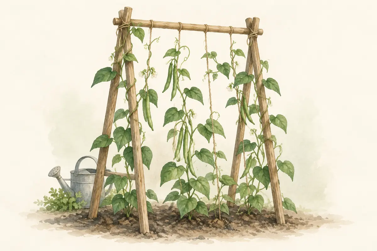 Bean vines climbing a simple wooden and string trellis.