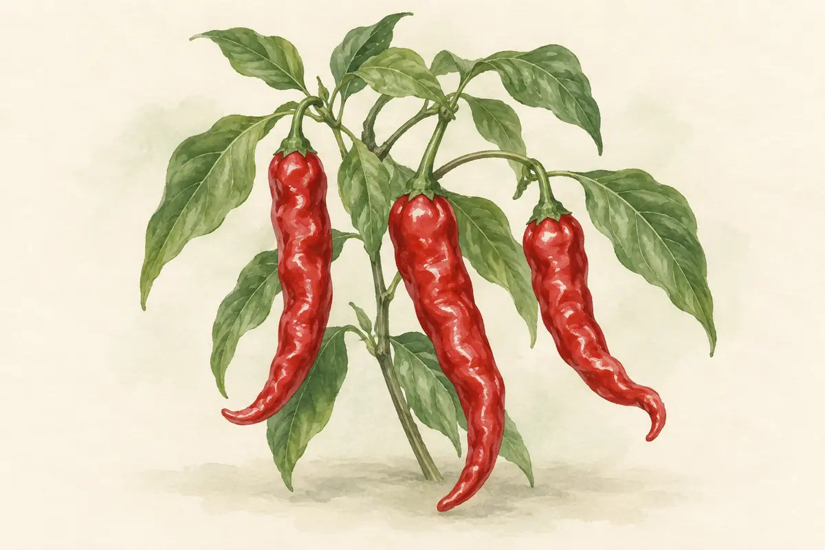 Long red Jimmy Nardello sweet peppers on a leafy branch.