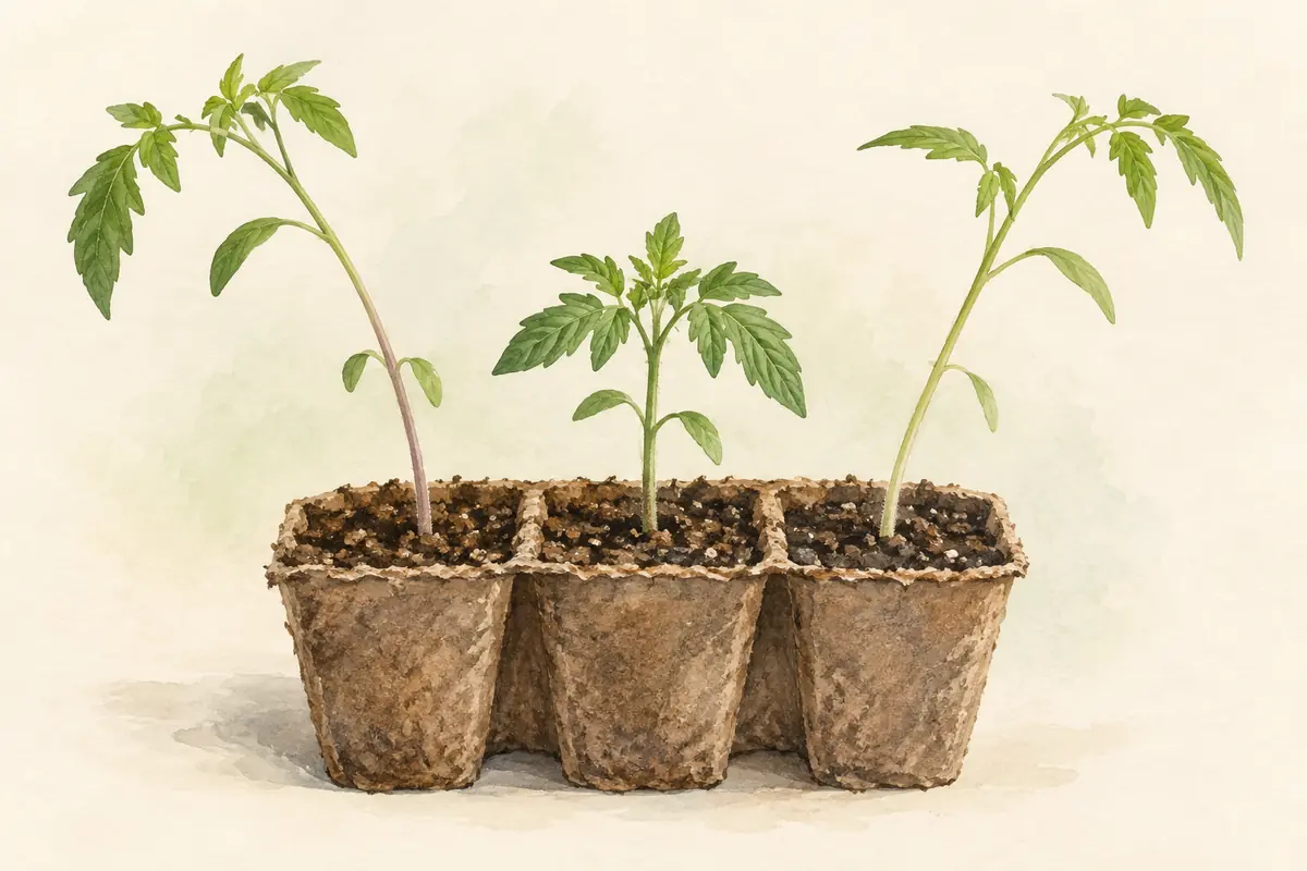 Slender tomato seedlings beside a compact young plant.