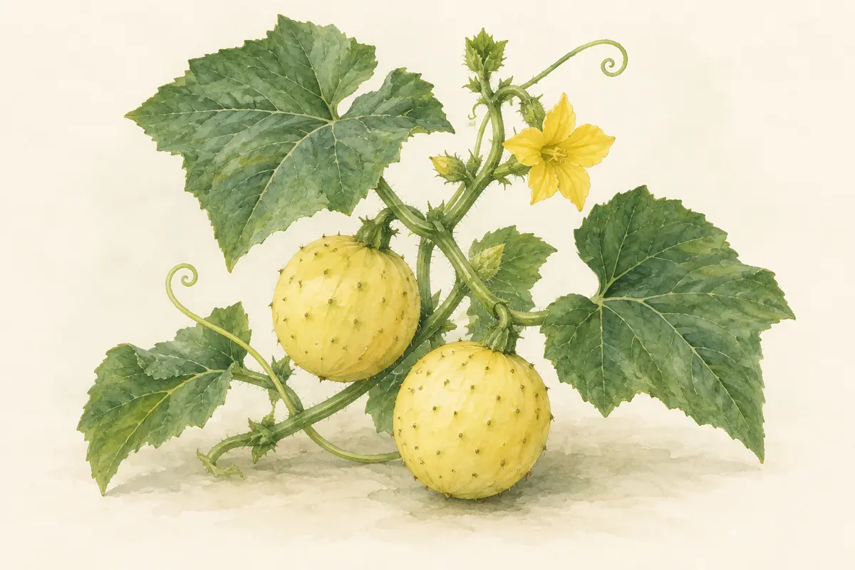 Round pale yellow Lemon cucumbers on a leafy vine.
