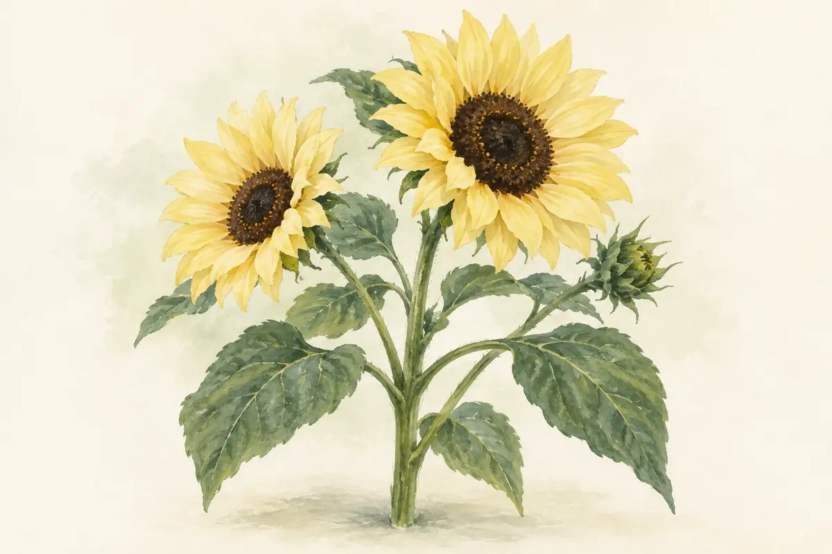 Pale yellow Lemon Queen sunflowers with dark centers.