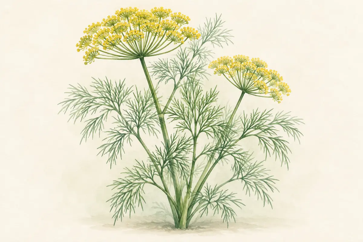 Feathery Mammoth dill with yellow flower umbels.